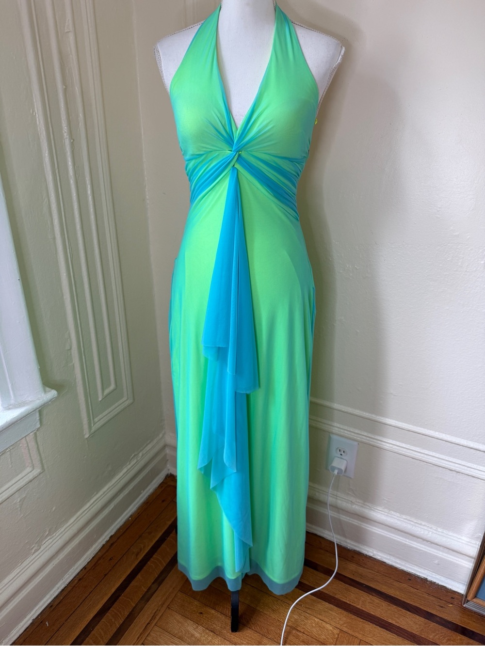 Y2K Mary L Couture Lime Green Aqua Fairycore Halter Mesh Formal Maxi Dress